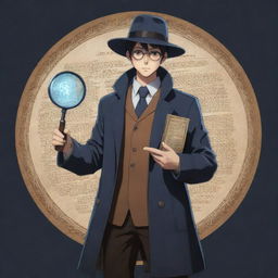 An anime character styled as a paranormal investigator, equipped with a detective coat, a magnifying glass, holding ancient text of magic spells.