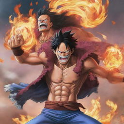 Illustration of the character Ace from One Piece in a dynamic fight scene with the character Kaido