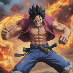 Illustration of the character Ace from One Piece in a dynamic fight scene with the character Kaido