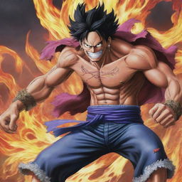 Illustration of the character Ace from One Piece in a dynamic fight scene with the character Kaido