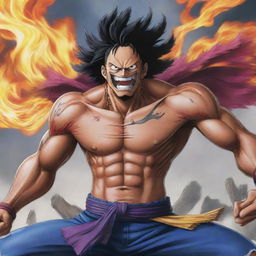 Illustration of the character Ace from One Piece in a dynamic fight scene with the character Kaido