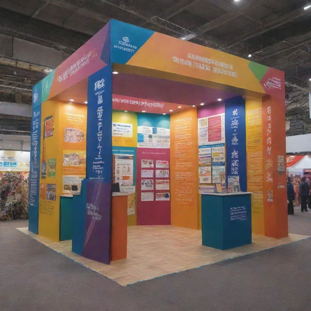 An intricately designed exhibition stall, adorned with colorful banners and information panels. It is bustling with interested visitors and has interactive displays.