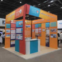 An intricately designed exhibition stall, adorned with colorful banners and information panels. It is bustling with interested visitors and has interactive displays.