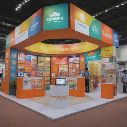 An intricately designed exhibition stall, adorned with colorful banners and information panels. It is bustling with interested visitors and has interactive displays.