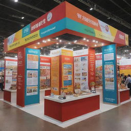 An intricately designed exhibition stall, adorned with colorful banners and information panels. It is bustling with interested visitors and has interactive displays.