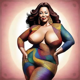 A digital art image of a mature, curvaceous woman in tight-fitting clothing