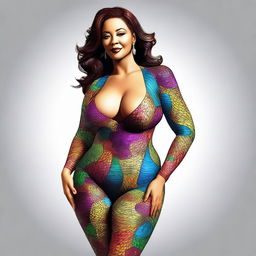 A digital art image of a mature, curvaceous woman in tight-fitting clothing