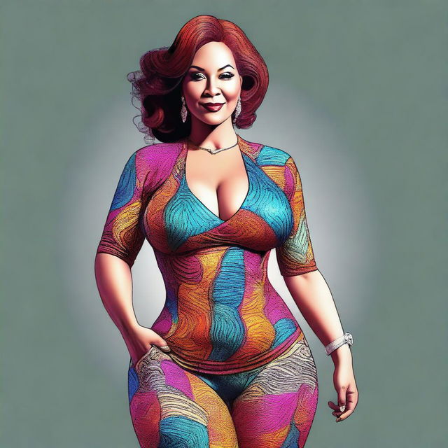 A digital art image of a mature, curvaceous woman in tight-fitting clothing