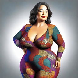 A digital art image of a mature, curvaceous woman in tight-fitting clothing