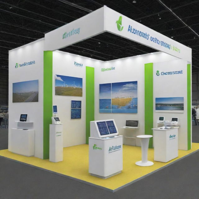 A 12x8m energy company exhibition stand, open on three sides, showcasing models of wind turbines, solar panels, and other energy sources. It features interactive displays and vibrant signage.