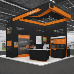 A 12x8m energy company exhibition stand, open on three sides, decorated in a striking black and orange theme. The stand displays models of renewable energy solutions and features interactive elements.