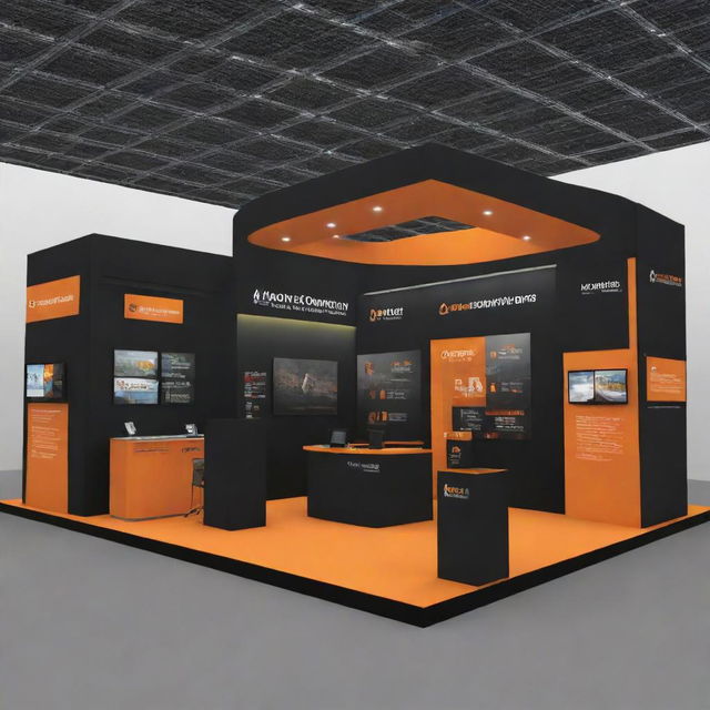 A 12x8m energy company exhibition stand, open on three sides, decorated in a striking black and orange theme. The stand displays models of renewable energy solutions and features interactive elements.