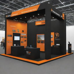 A 12x8m energy company exhibition stand, open on three sides, decorated in a striking black and orange theme. The stand displays models of renewable energy solutions and features interactive elements.