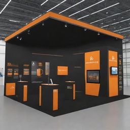 A 12x8m energy company exhibition stand, open on three sides, decorated in a striking black and orange theme. The stand displays models of renewable energy solutions and features interactive elements.