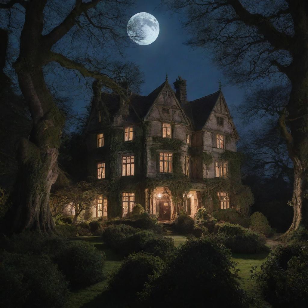 A grand, haunted house in old British style enveloped by ancient trees and overgrown bushes under a moonlit night sky