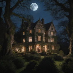 A grand, haunted house in old British style enveloped by ancient trees and overgrown bushes under a moonlit night sky