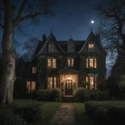 A grand, haunted house in old British style enveloped by ancient trees and overgrown bushes under a moonlit night sky