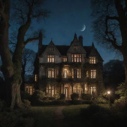 A grand, haunted house in old British style enveloped by ancient trees and overgrown bushes under a moonlit night sky