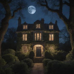 A grand, haunted house in old British style enveloped by ancient trees and overgrown bushes under a moonlit night sky