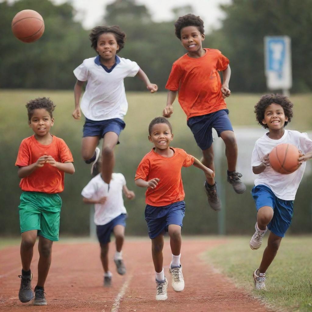 Generate an image showcasing children engaging in various sports like football, basketball, running, jumping, tennis, and cricket. The image should beautifully capture their innocence, competitiveness, and camaraderie.