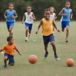 Generate an image showcasing children engaging in various sports like football, basketball, running, jumping, tennis, and cricket. The image should beautifully capture their innocence, competitiveness, and camaraderie.