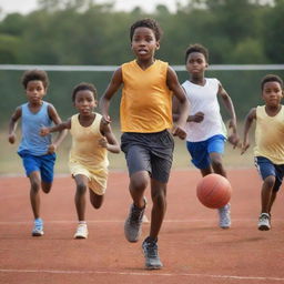 Generate an image showcasing children engaging in various sports like football, basketball, running, jumping, tennis, and cricket. The image should beautifully capture their innocence, competitiveness, and camaraderie.