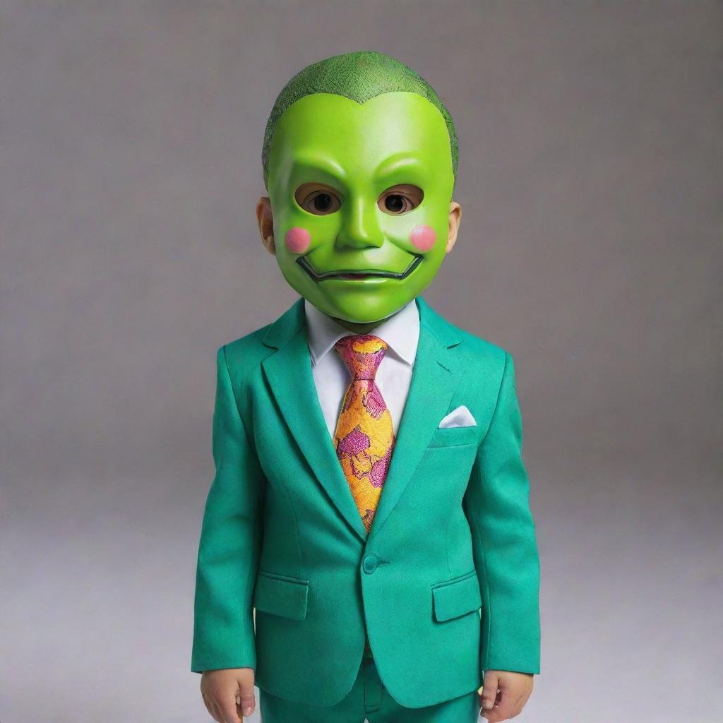 A baby rendered as the main character from 'The Mask' movie, dressed in a colorful suit, vibrant tie, and wearing the iconic green mask, set in a cartoon-like movie scene.