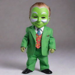 A baby rendered as the main character from 'The Mask' movie, dressed in a colorful suit, vibrant tie, and wearing the iconic green mask, set in a cartoon-like movie scene.