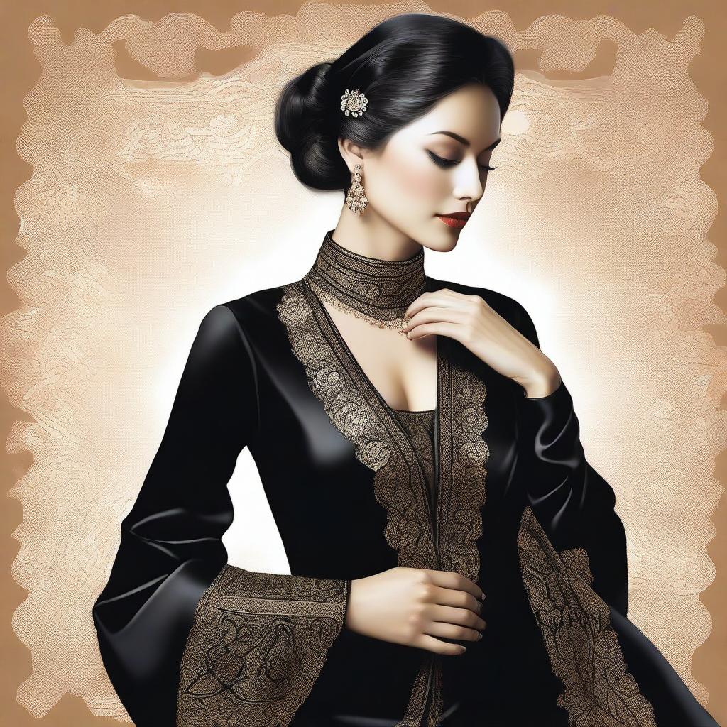 A digital art image showcasing a woman dressed in elegant black silk attire