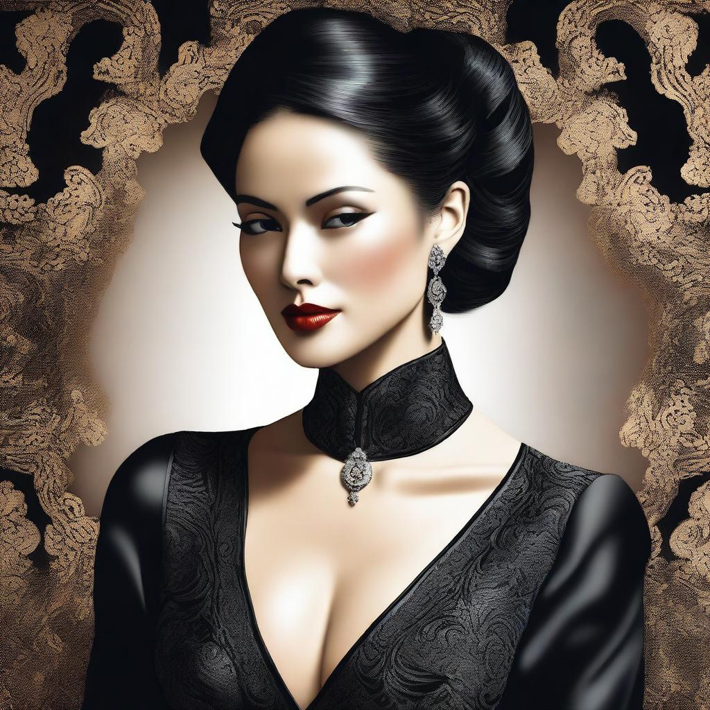 A digital art image showcasing a woman dressed in elegant black silk attire