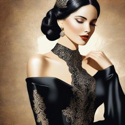 A digital art image showcasing a woman dressed in elegant black silk attire