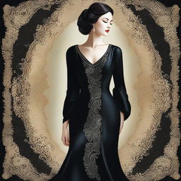 A digital art image showcasing a woman dressed in elegant black silk attire