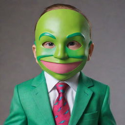 A baby rendered as the main character from 'The Mask' movie, dressed in a colorful suit, vibrant tie, and wearing the iconic green mask, set in a cartoon-like movie scene.