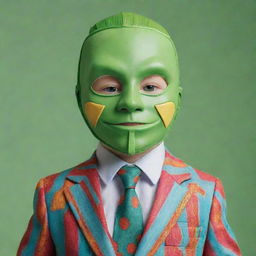 A baby rendered as the main character from 'The Mask' movie, dressed in a colorful suit, vibrant tie, and wearing the iconic green mask, set in a cartoon-like movie scene.