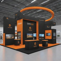 A spacious, three-sided open exhibition stand of 12 meters by 8 meters for an energy company, decorated in a dynamic black and orange theme. The stand features models of renewable energy sources and high-tech, interactive displays.