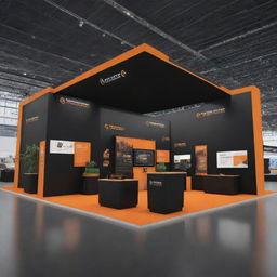 A spacious, three-sided open exhibition stand of 12 meters by 8 meters for an energy company, decorated in a dynamic black and orange theme. The stand features models of renewable energy sources and high-tech, interactive displays.