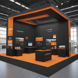 A spacious, three-sided open exhibition stand of 12 meters by 8 meters for an energy company, decorated in a dynamic black and orange theme. The stand features models of renewable energy sources and high-tech, interactive displays.