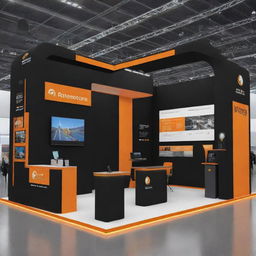 A spacious, three-sided open exhibition stand of 12 meters by 8 meters for an energy company, decorated in a dynamic black and orange theme. The stand features models of renewable energy sources and high-tech, interactive displays.