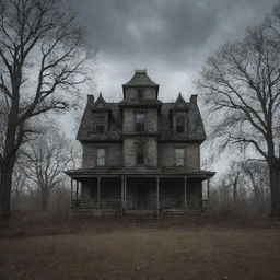 An old, haunted house surrounded by ominous trees under the dreary, cloudy sky