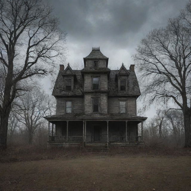 An old, haunted house surrounded by ominous trees under the dreary, cloudy sky