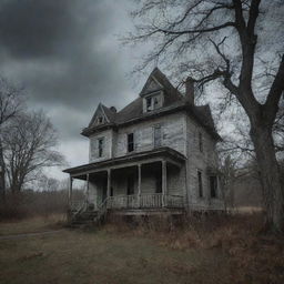 An old, haunted house surrounded by ominous trees under the dreary, cloudy sky