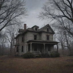 An old, haunted house surrounded by ominous trees under the dreary, cloudy sky