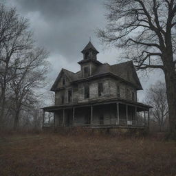 An old, haunted house surrounded by ominous trees under the dreary, cloudy sky