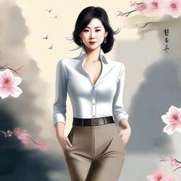 A high-quality digital art piece featuring a beautiful, mature Chinese woman in sexy tight pants