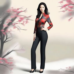 A high-quality digital art piece featuring a beautiful, mature Chinese woman in sexy tight pants