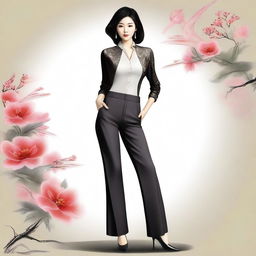 A high-quality digital art piece featuring a beautiful, mature Chinese woman in sexy tight pants