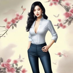 A high-quality digital art piece featuring a beautiful, mature Chinese woman in sexy tight pants