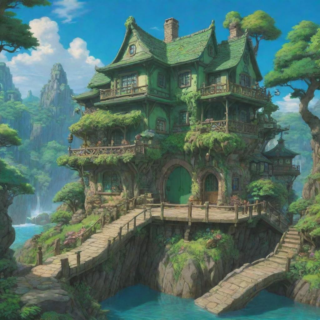 A green, vibrant Studio Ghibli fantasy world brimming with details, lush landscapes, and fantastical creatures