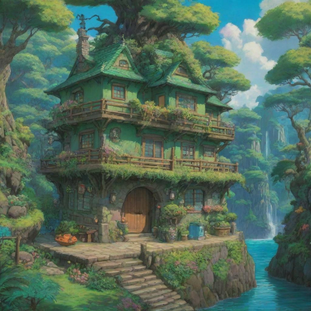 A green, vibrant Studio Ghibli fantasy world brimming with details, lush landscapes, and fantastical creatures