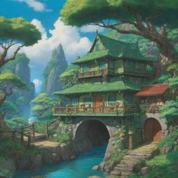 A green, vibrant Studio Ghibli fantasy world brimming with details, lush landscapes, and fantastical creatures